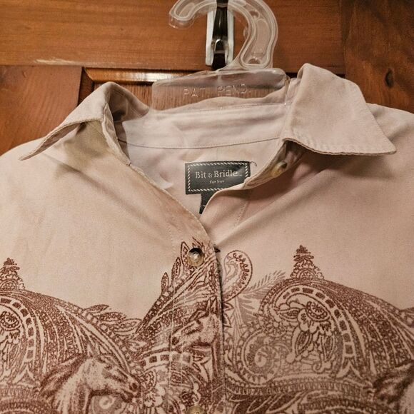 Bit & Bridle Horse Print Button-Down Shirt – Women's Medium – Cream Faux Suede - Picture 3 of 7